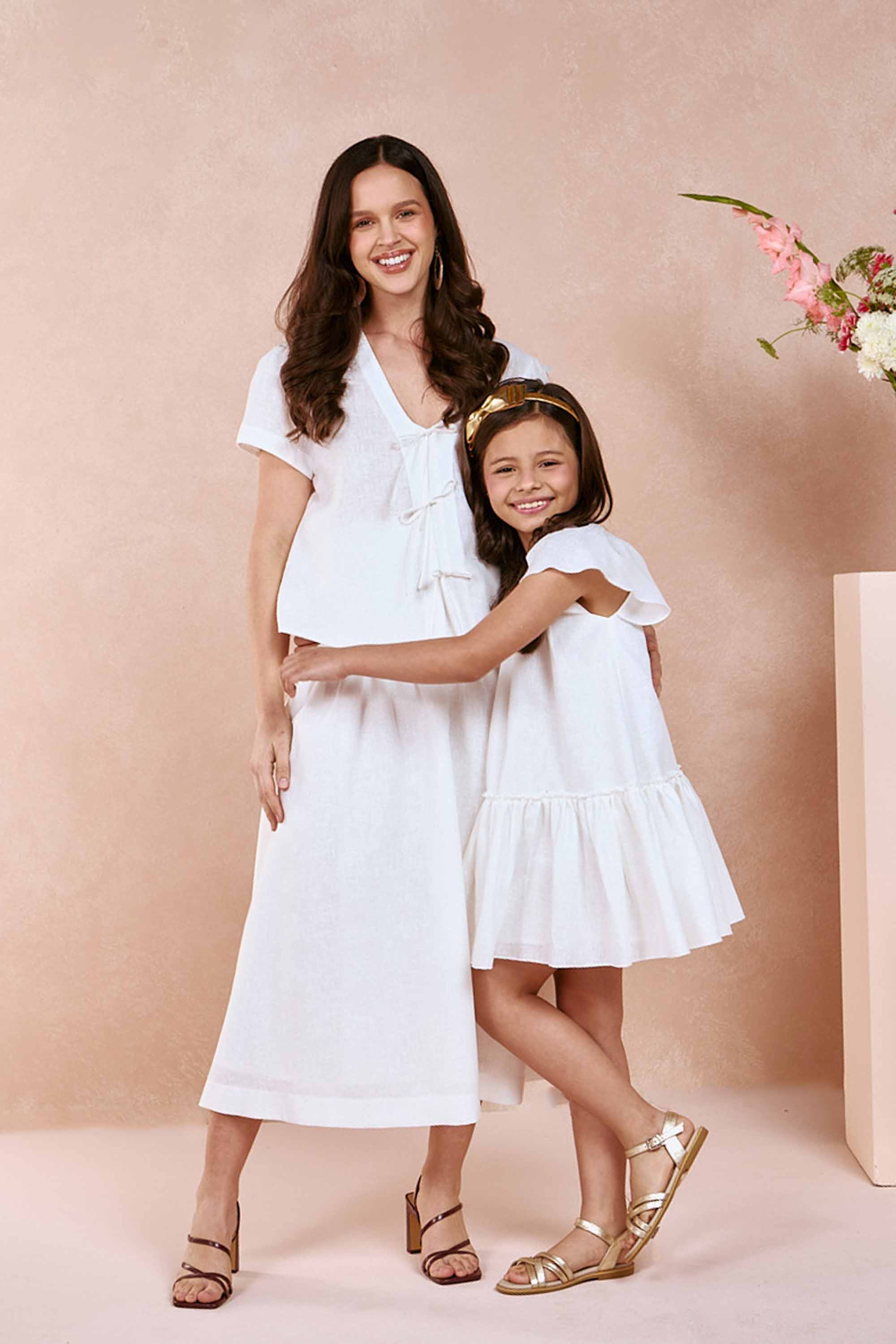 Vestido niña lino ivory  forrado en 100% algodón