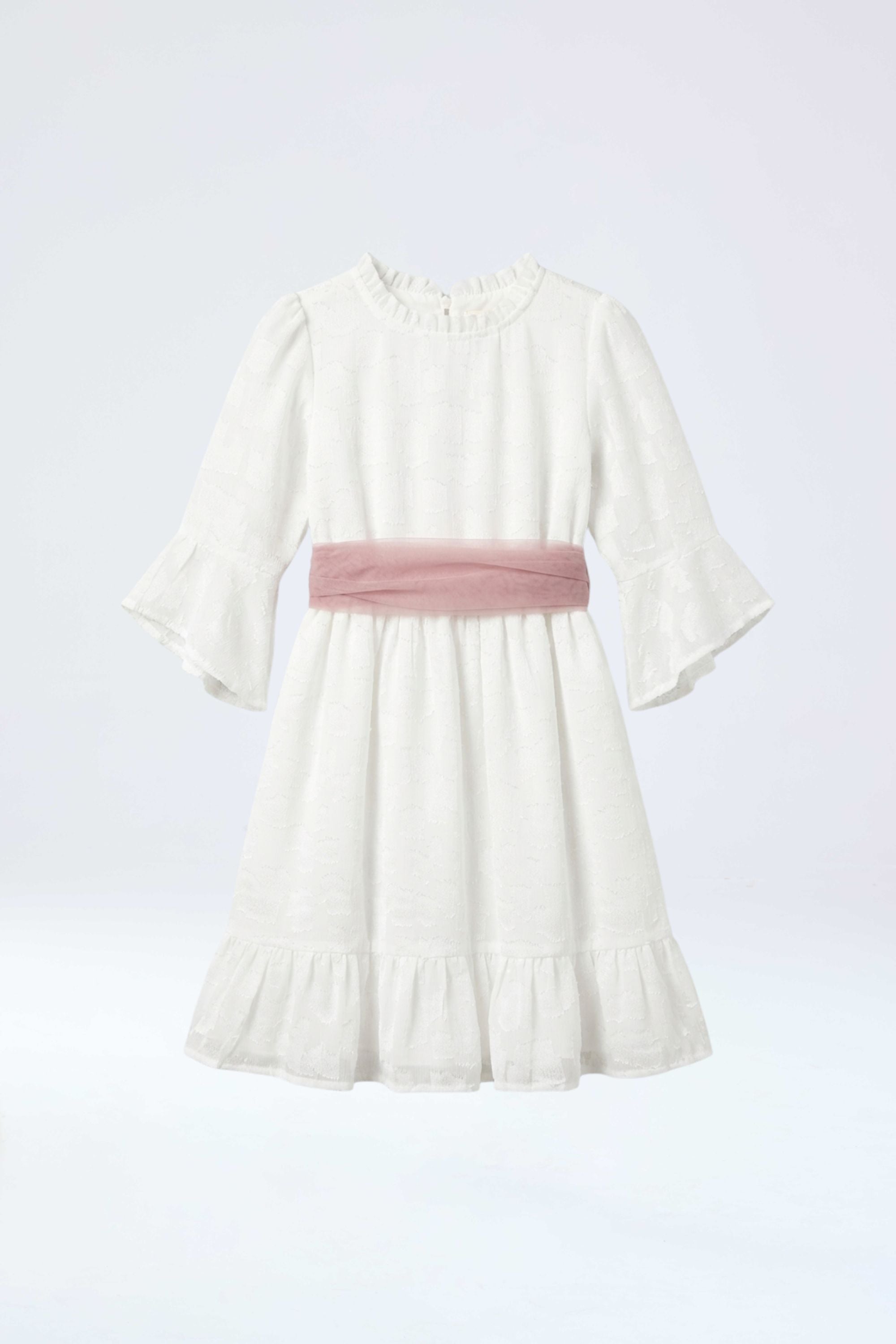 Vestido primera comunión en gasa lazo palo rosa para niña