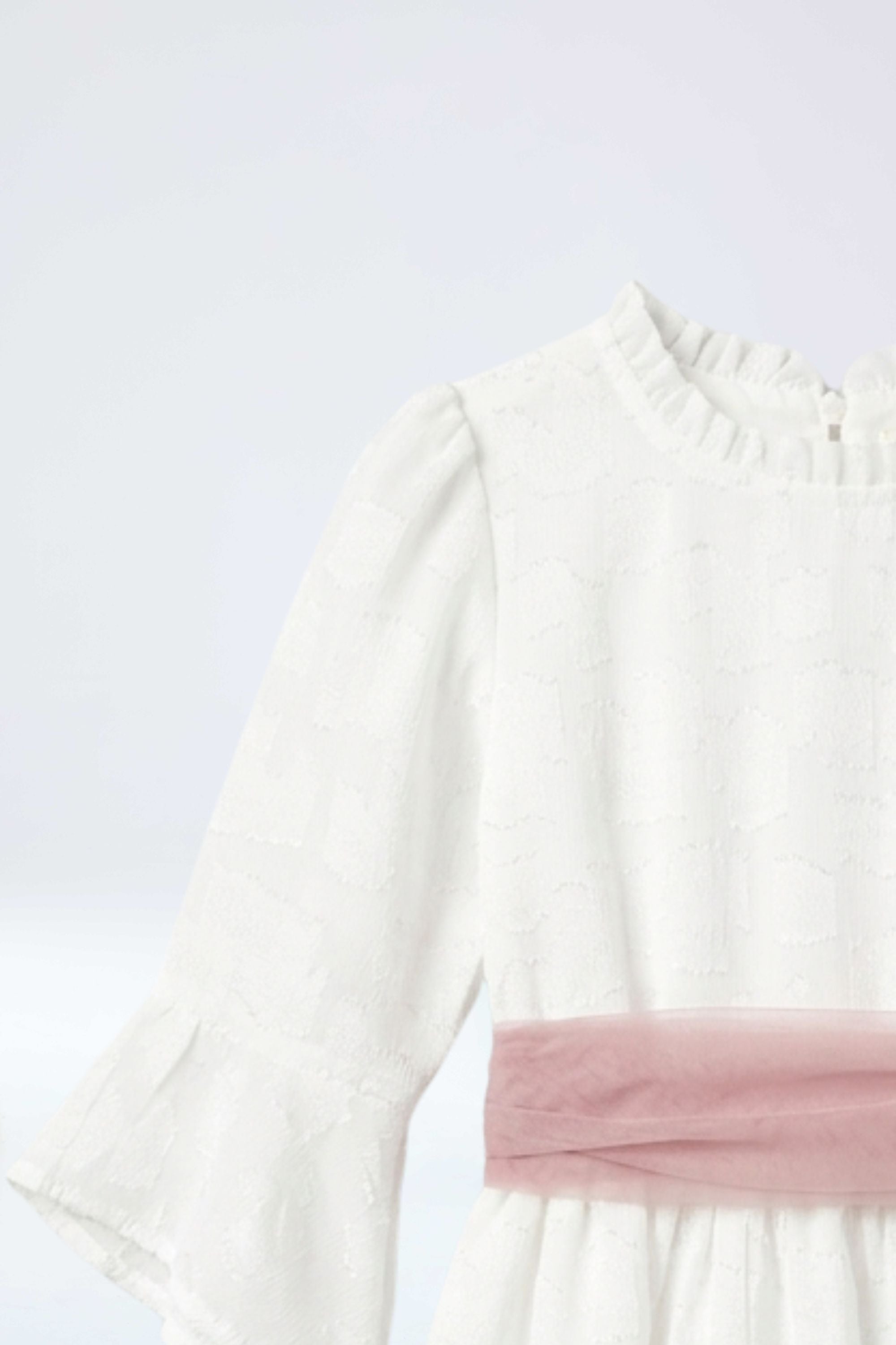 Vestido primera comunión en gasa lazo palo rosa para niña